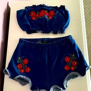 Forever 21 Two Piece Cute Jean Flower Embroidered Outfit
